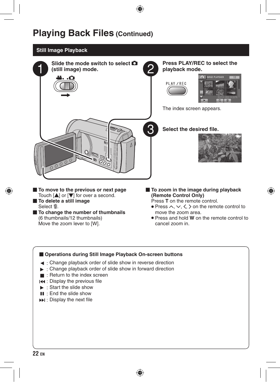 Still image playback, Playing back files, Continued) | JVC GZ-HD300 User Manual | Page 22 / 88