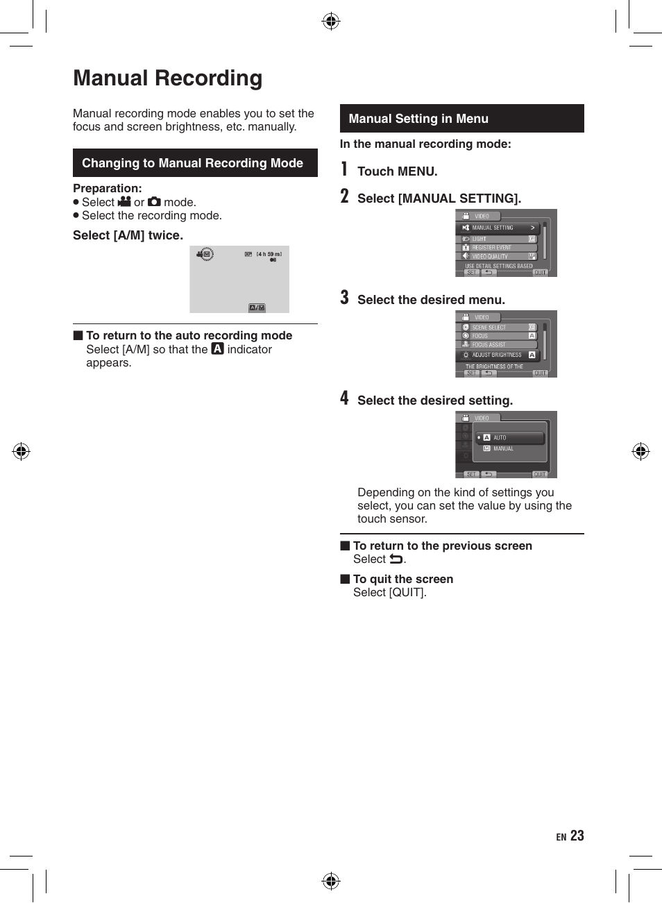 Manual recording, Changing to manual recording mode, Manual setting in menu | JVC GZ-HD300 User Manual | Page 23 / 88