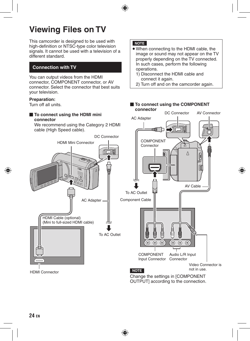 Using with tv, Viewing files on tv, Connection with tv | JVC GZ-HD300 User Manual | Page 24 / 88