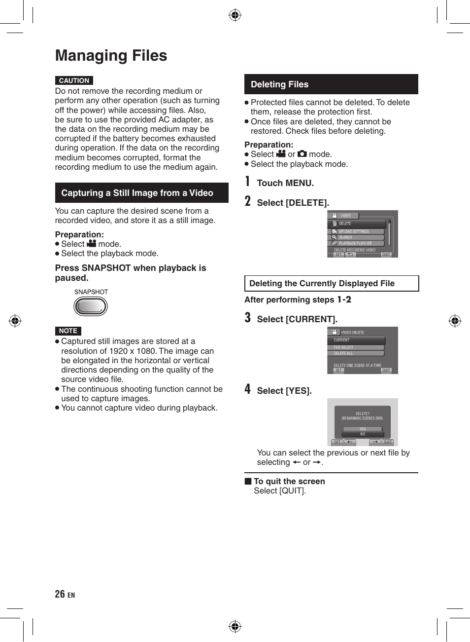 Editing, Managing files, Capturing a still image from a video | Deleting files | JVC GZ-HD300 User Manual | Page 26 / 88