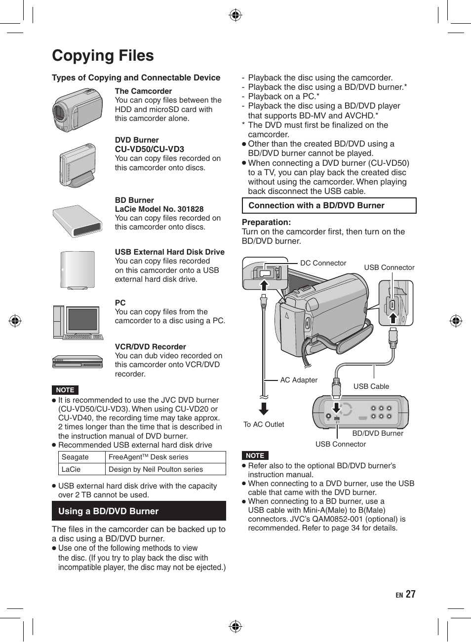 Copying, Copying files, Using a bd/dvd burner | JVC GZ-HD300 User Manual | Page 27 / 88