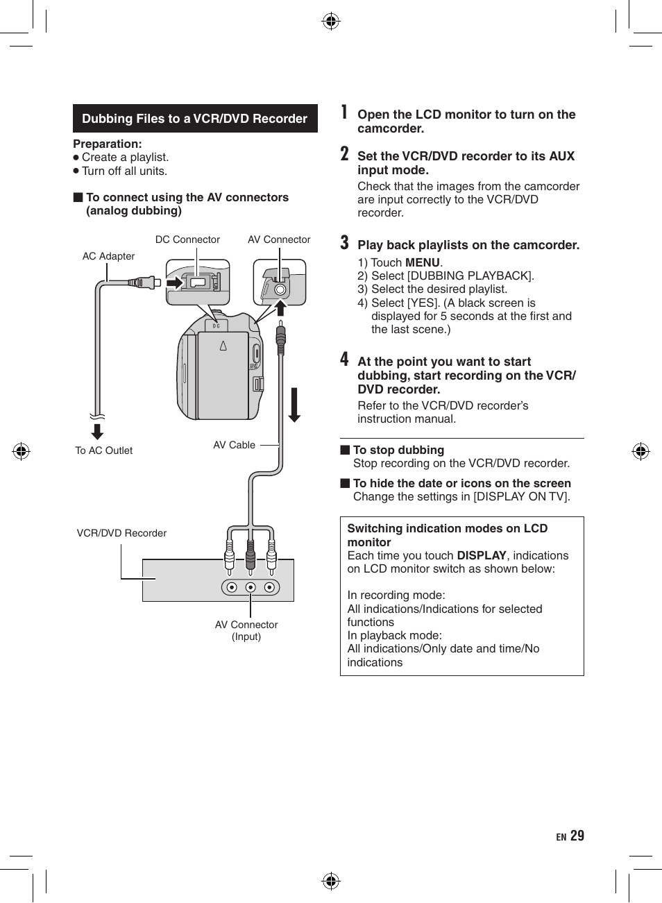 Dubbing files to a vcr/dvd recorder | JVC GZ-HD300 User Manual | Page 29 / 88