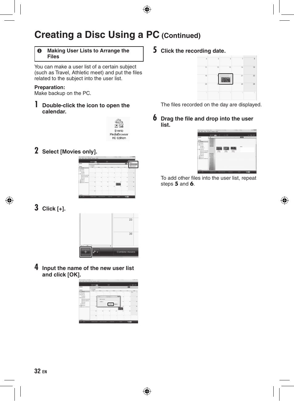 Creating a disc using a pc | JVC GZ-HD300 User Manual | Page 32 / 88