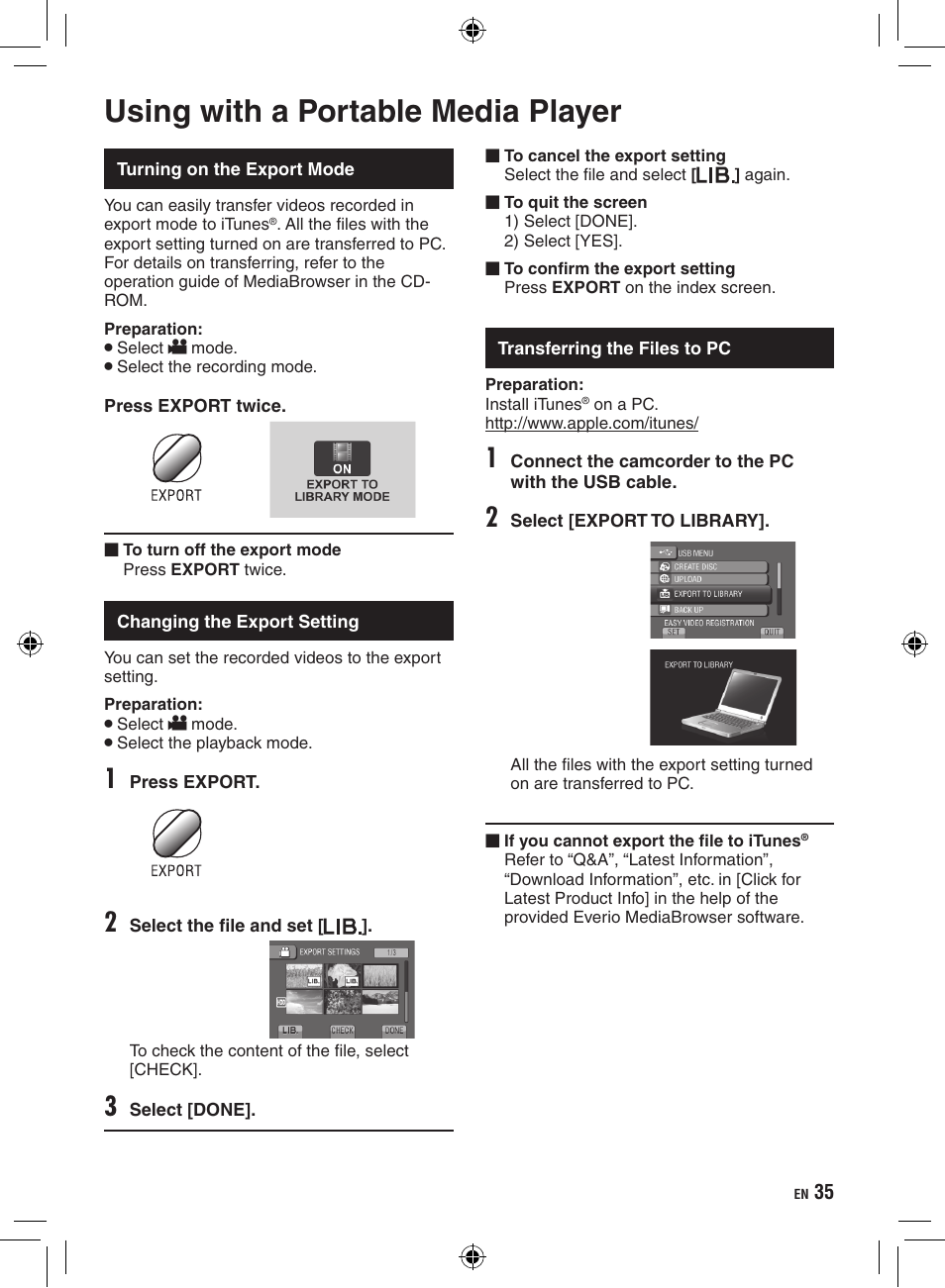 Using with a portable media player, Turning on the export mode, Changing the export setting | Transferring the files to pc | JVC GZ-HD300 User Manual | Page 35 / 88