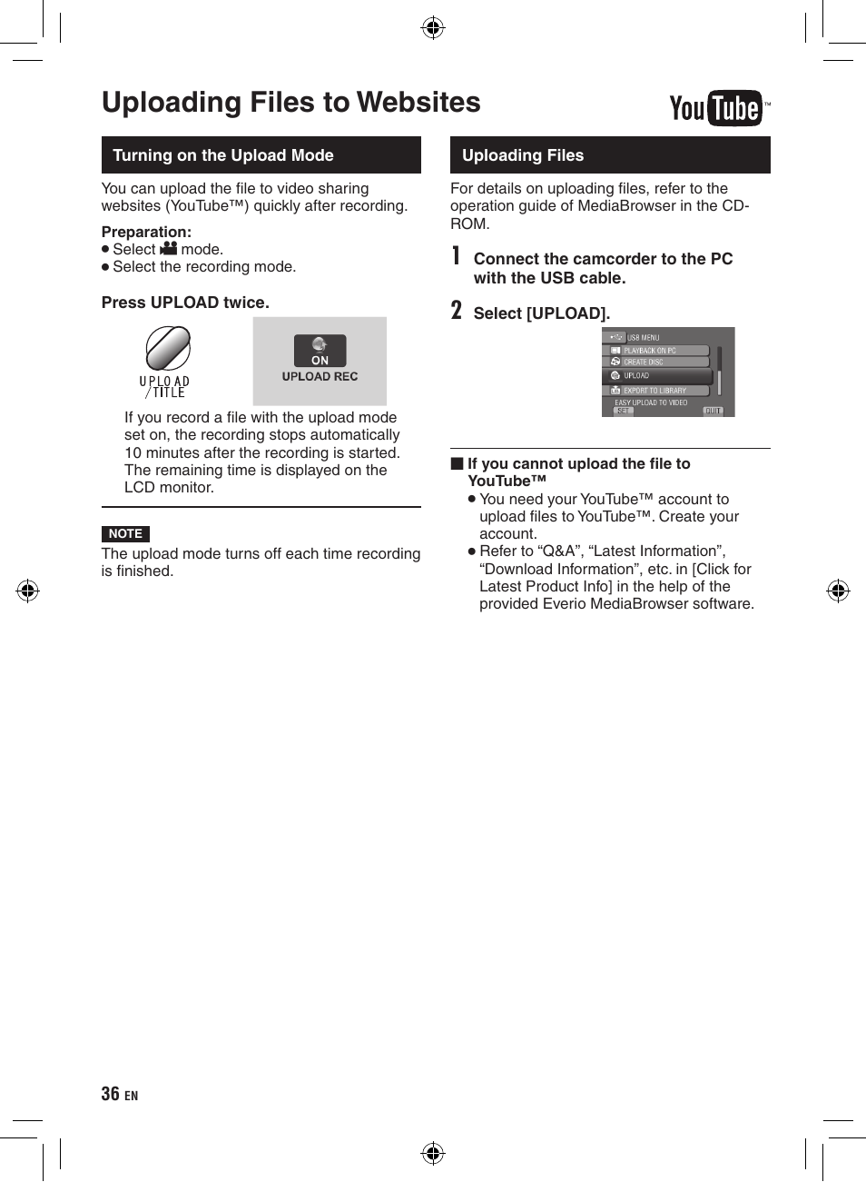 Uploading files to websites, Turning on the upload mode, Uploading files | JVC GZ-HD300 User Manual | Page 36 / 88