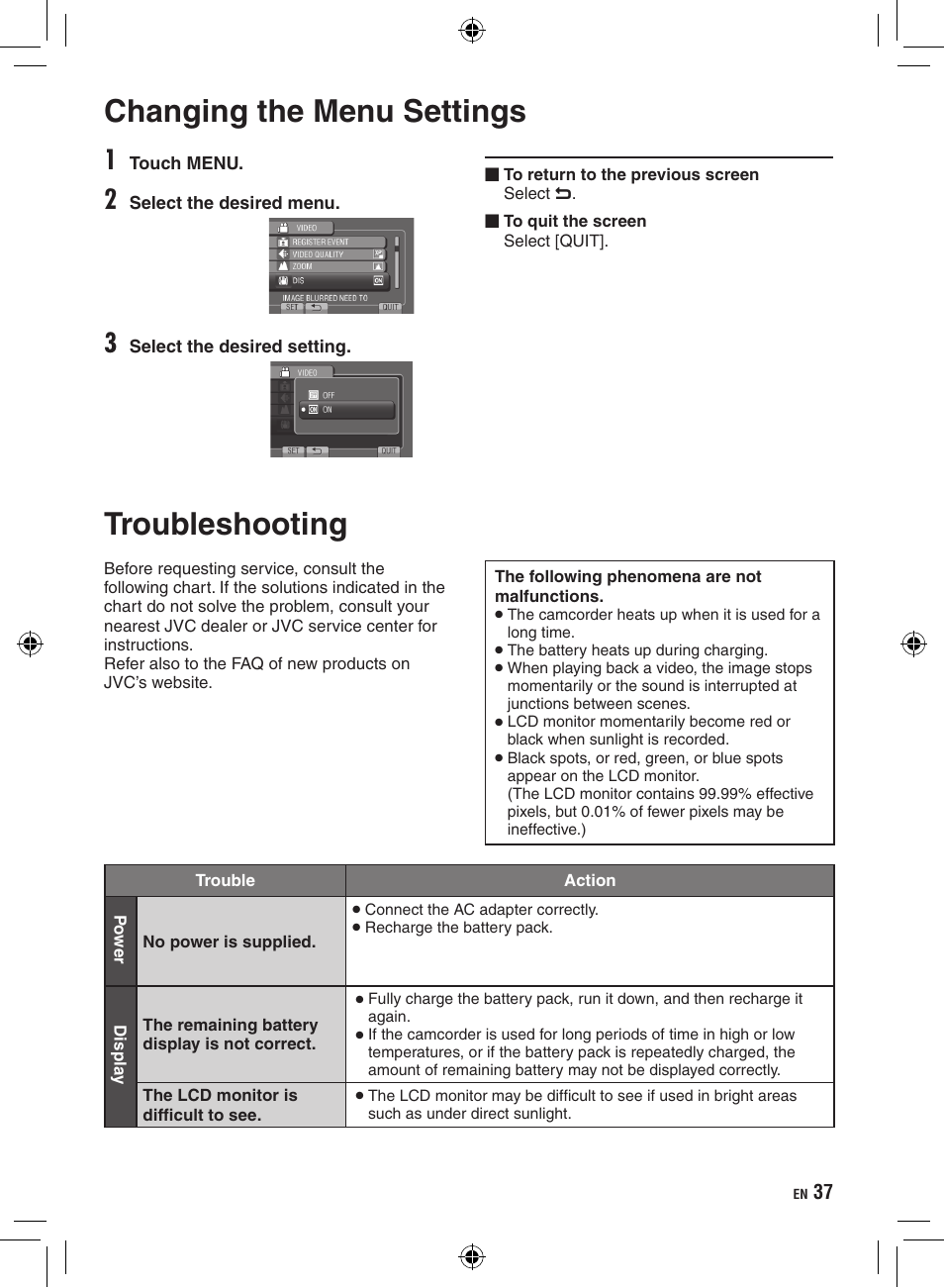 Further information, Changing the menu settings, Troubleshooting | Changing the menu settings troubleshooting | JVC GZ-HD300 User Manual | Page 37 / 88