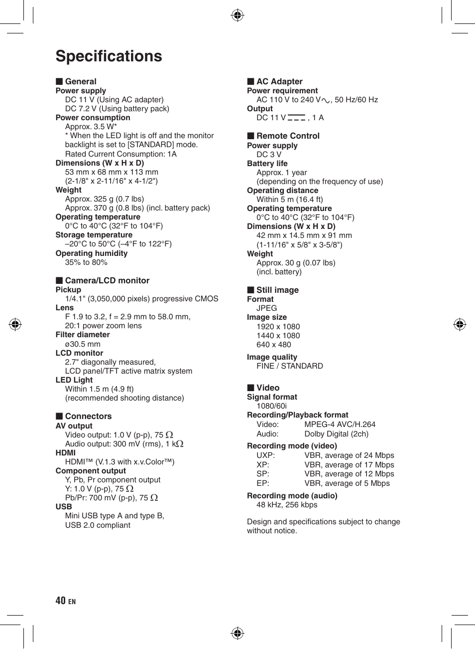 Specifications | JVC GZ-HD300 User Manual | Page 40 / 88