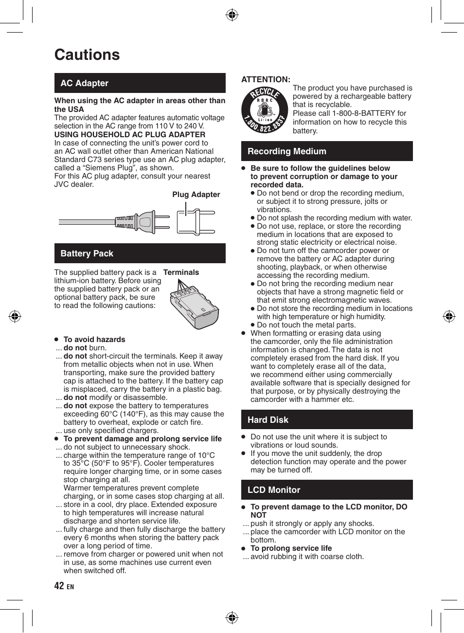 Cautions | JVC GZ-HD300 User Manual | Page 42 / 88