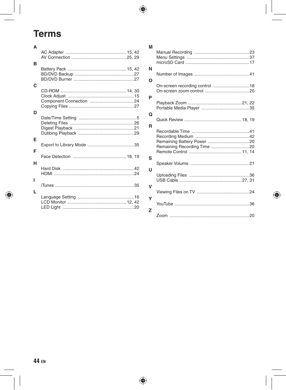 Terms | JVC GZ-HD300 User Manual | Page 44 / 88