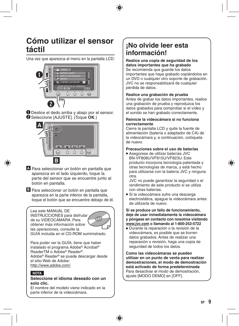 Cómo utilizar el sensor táctil, No olvide leer esta información | JVC GZ-HD300 User Manual | Page 53 / 88