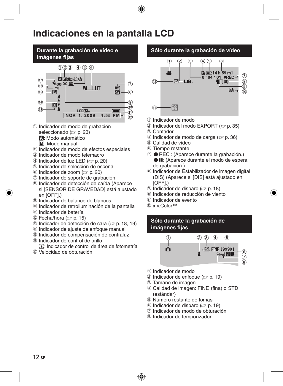 Indicaciones en la pantalla lcd | JVC GZ-HD300 User Manual | Page 56 / 88