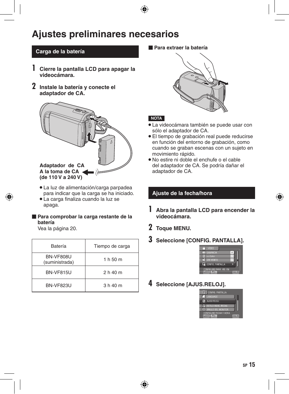 Ajustes preliminares necesarios, Carga de la batería, Ajuste de la fecha/hora | JVC GZ-HD300 User Manual | Page 59 / 88