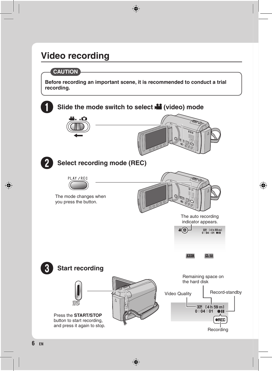 Video recording | JVC GZ-HD300 User Manual | Page 6 / 88