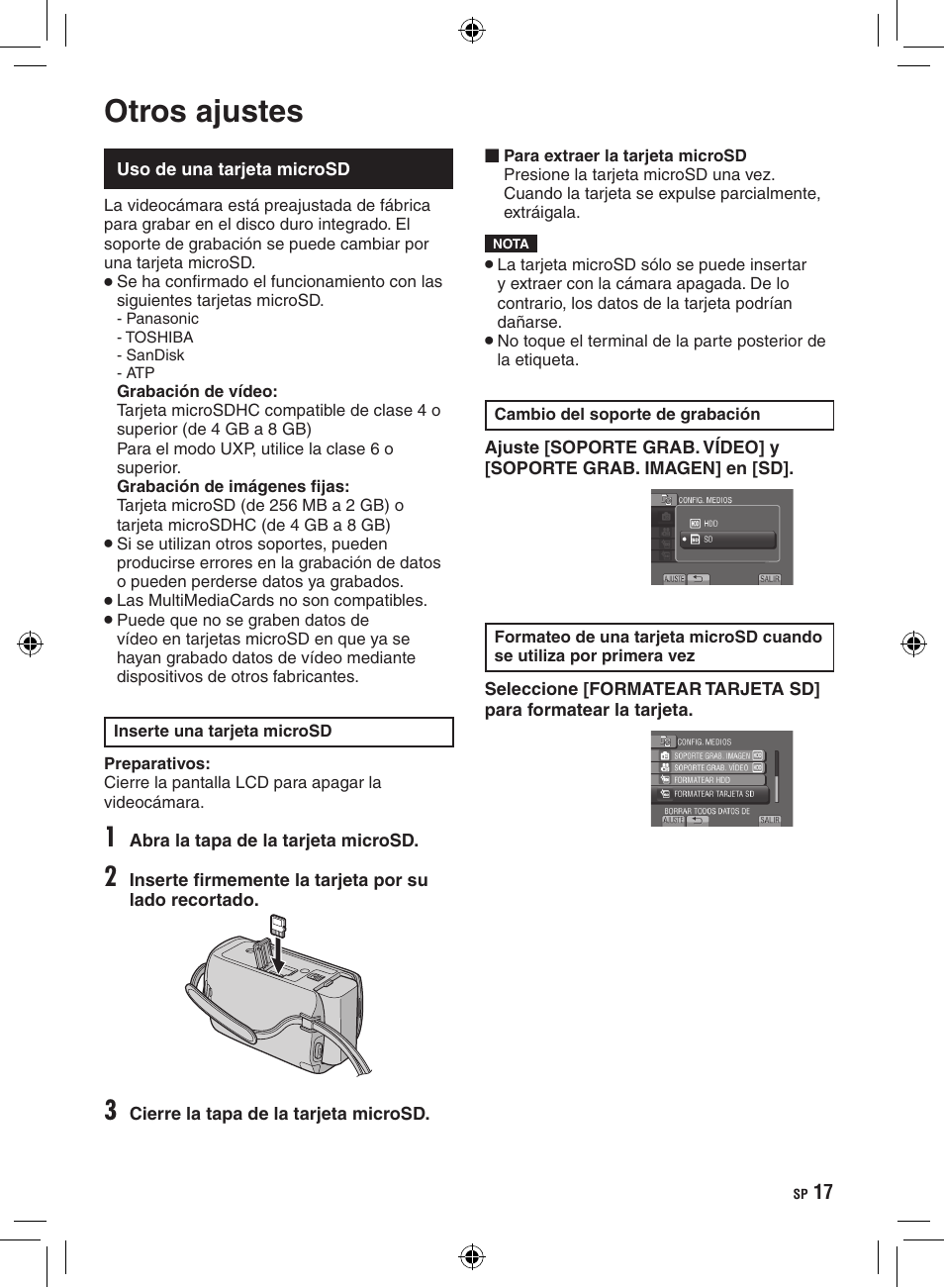 Otros ajustes, Uso de una tarjeta microsd | JVC GZ-HD300 User Manual | Page 61 / 88