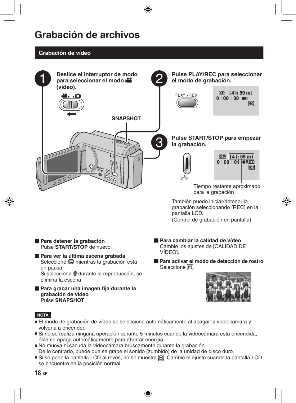 Grabación/reproducción, Grabación de archivos, Grabación de vídeo | JVC GZ-HD300 User Manual | Page 62 / 88