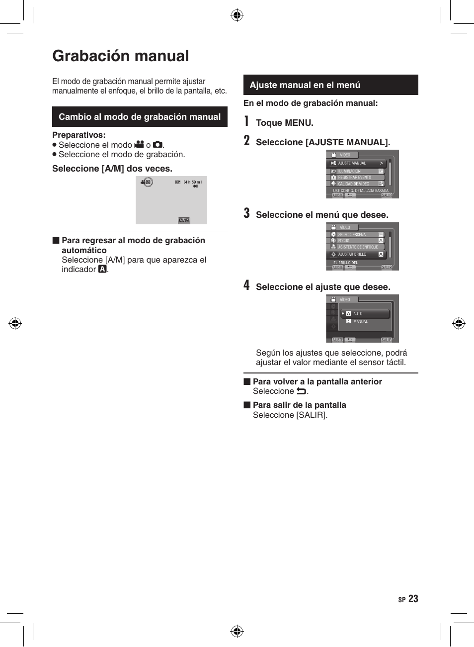 Grabación manual, Cambio al modo de grabación manual, Ajuste manual en el menú | JVC GZ-HD300 User Manual | Page 67 / 88