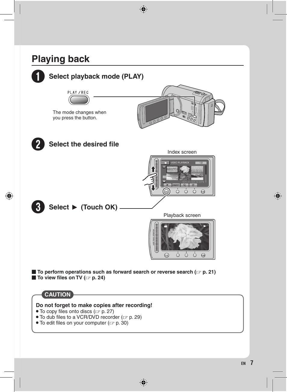 Playing back | JVC GZ-HD300 User Manual | Page 7 / 88