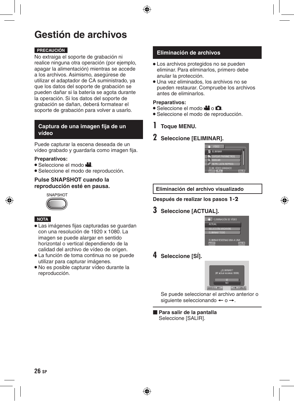 Edición, Gestión de archivos, Captura de una imagen fija de un vídeo | Eliminación de archivos | JVC GZ-HD300 User Manual | Page 70 / 88