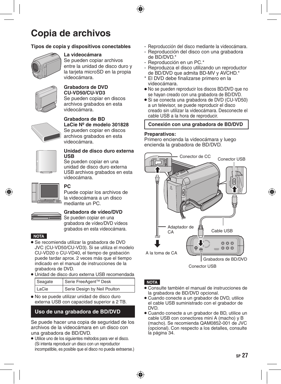 Copia, Copia de archivos, Uso de una grabadora de bd/dvd | JVC GZ-HD300 User Manual | Page 71 / 88