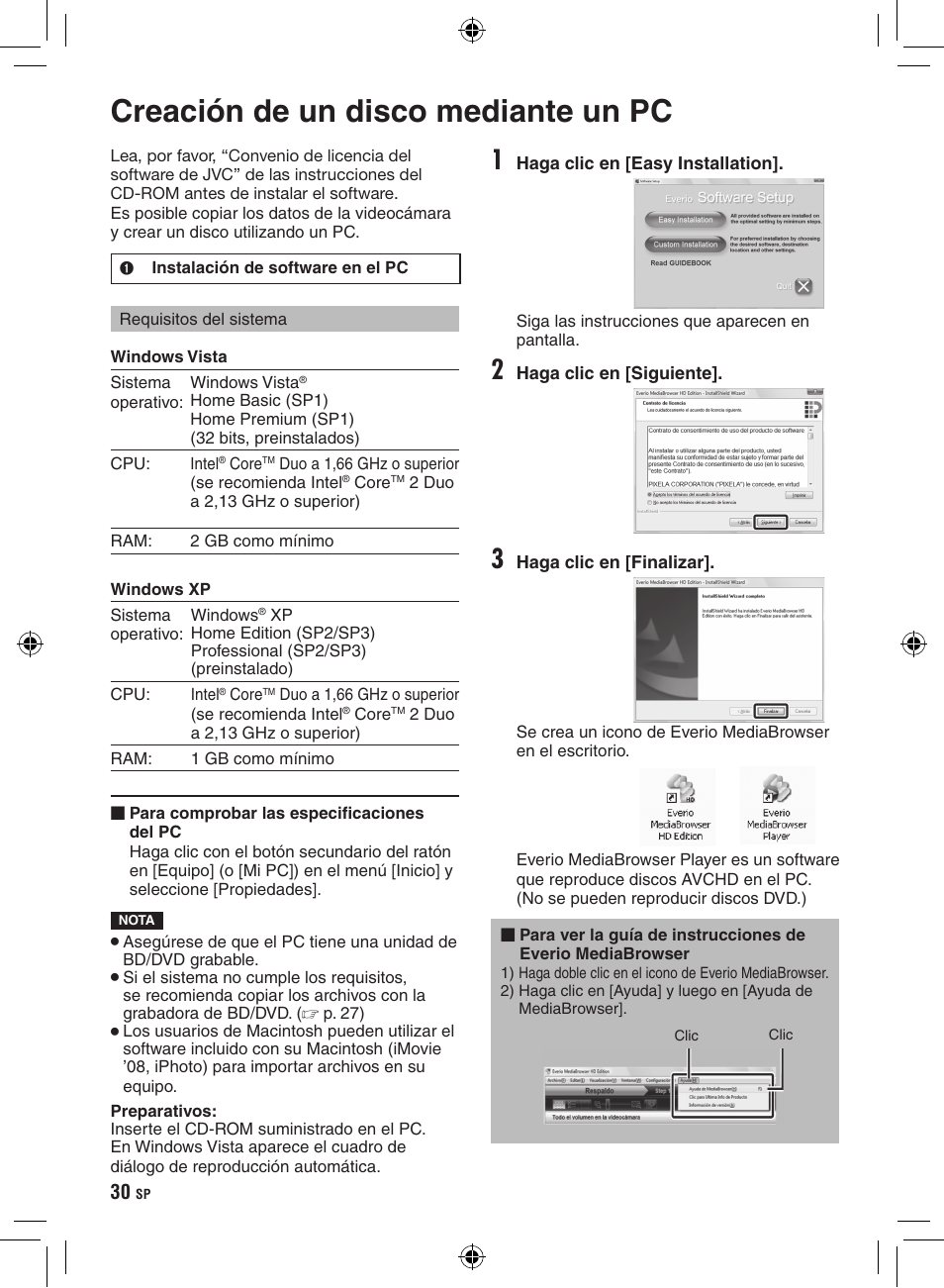 Funcionamiento de pc, Creación de un disco mediante un pc | JVC GZ-HD300 User Manual | Page 74 / 88