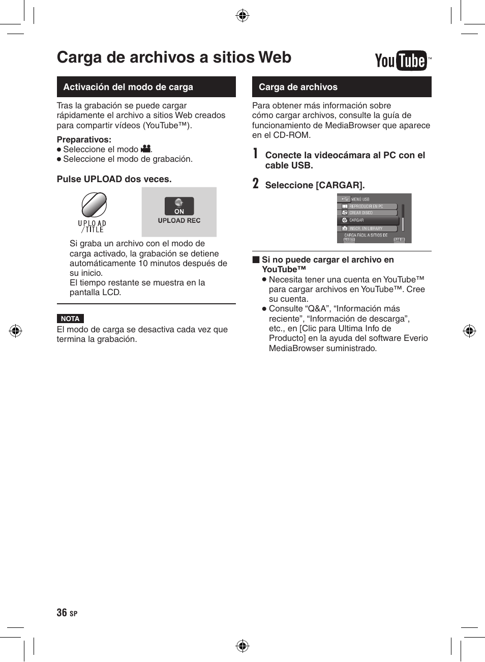 Carga de archivos a sitios web, Activación del modo de carga, Carga de archivos | JVC GZ-HD300 User Manual | Page 80 / 88