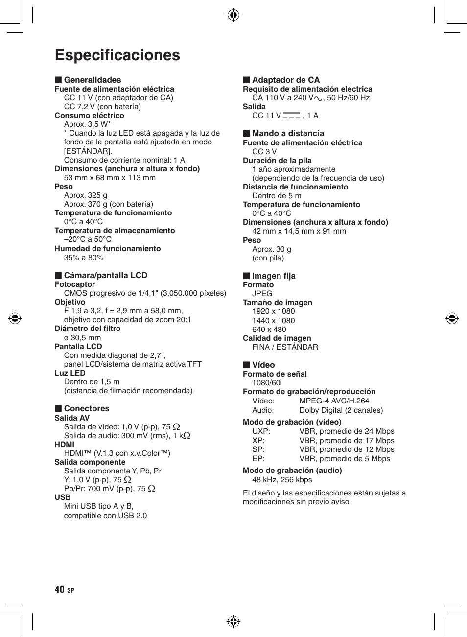 Especificaciones | JVC GZ-HD300 User Manual | Page 84 / 88