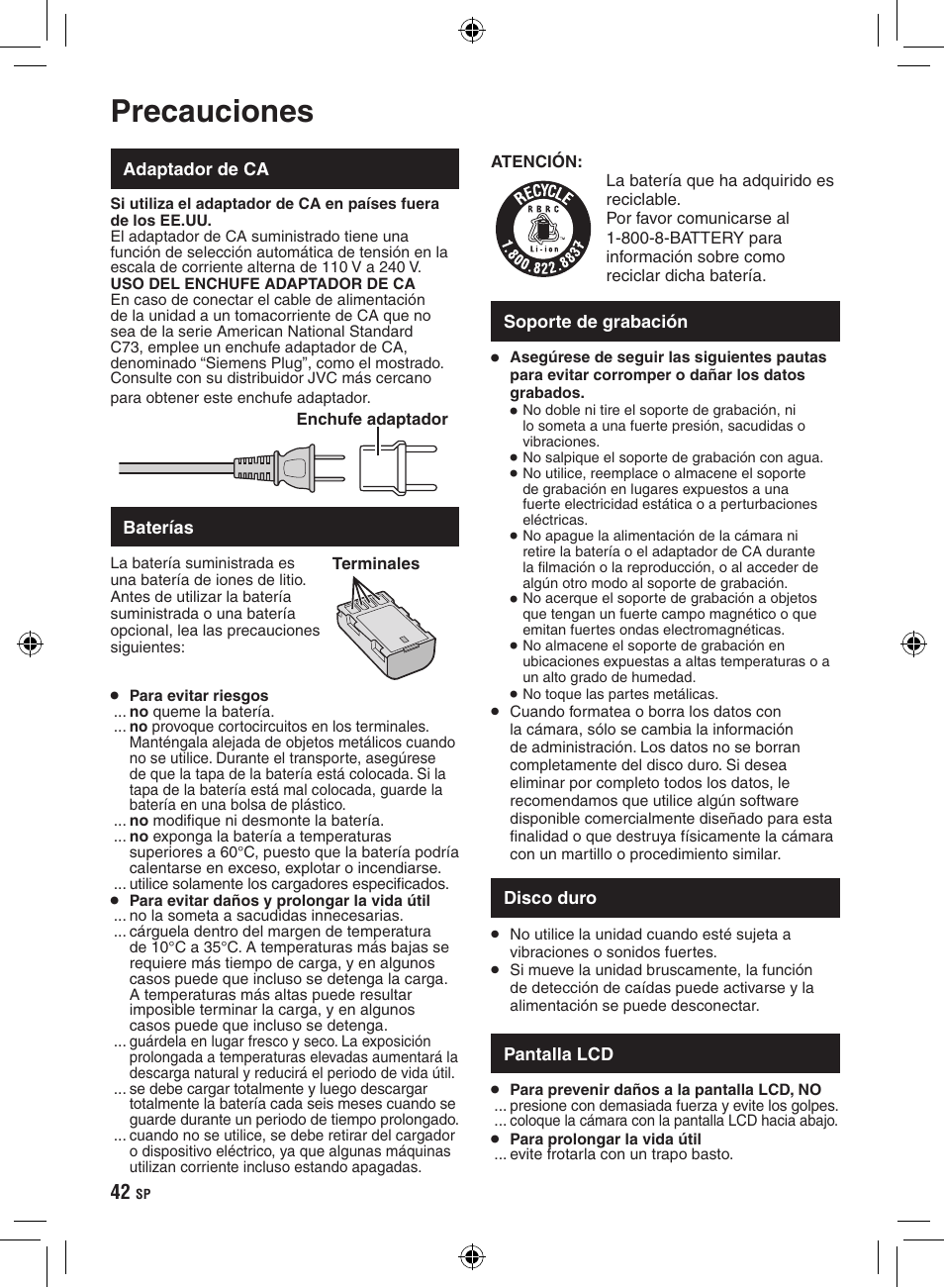 Precauciones | JVC GZ-HD300 User Manual | Page 86 / 88