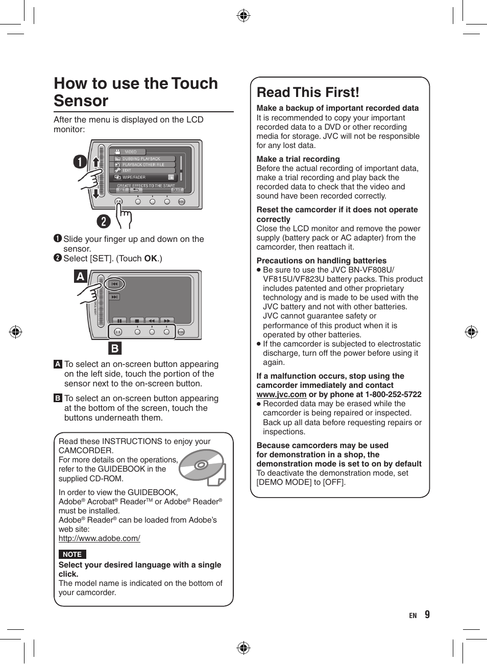 How to use the touch sensor, Read this first | JVC GZ-HD300 User Manual | Page 9 / 88