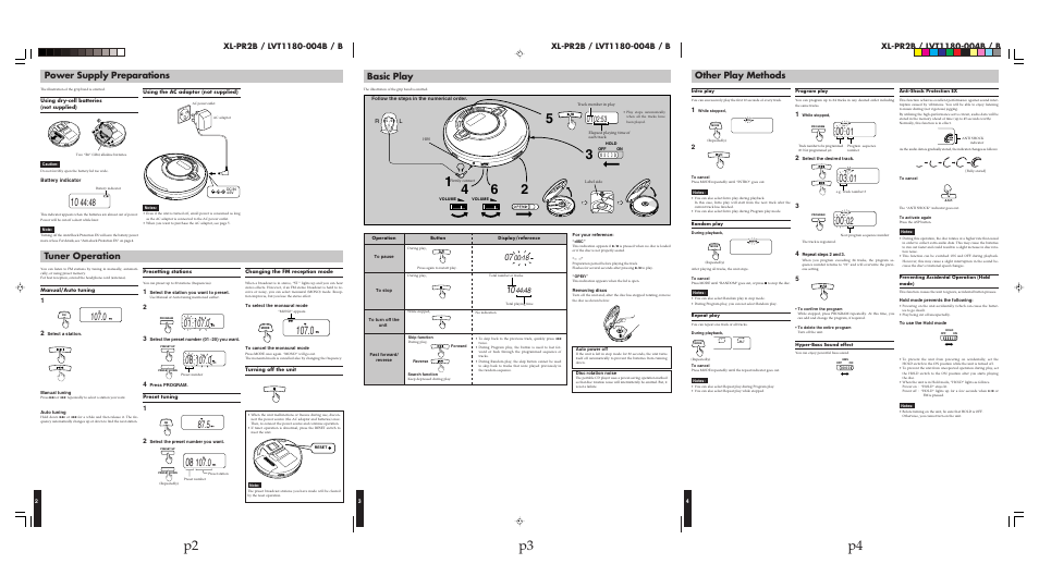 Power supply preparations, Tuner operation, Basic play | Other play methods, P3 p4 p2 | JVC XL-PR2B User Manual | Page 2 / 2