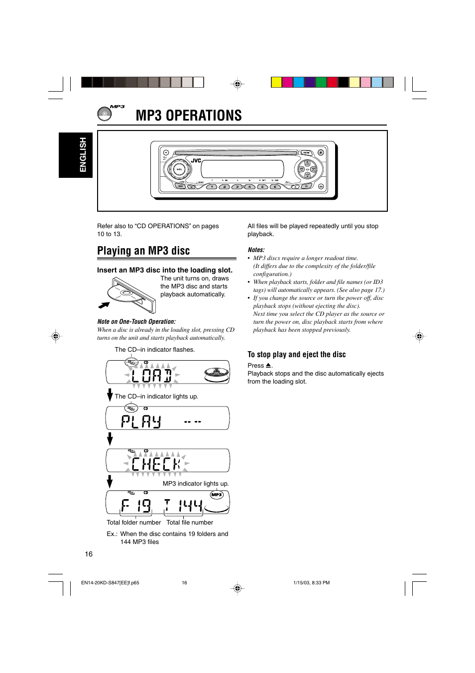 Mp3 operations, Playing an mp3 disc | JVC GET0137-001A User Manual | Page 16 / 34