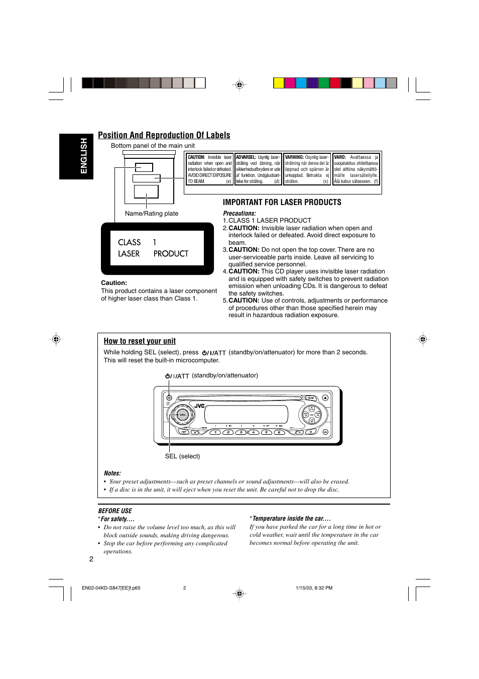 Position and reproduction of labels, How to reset your unit, English | Important for laser products | JVC GET0137-001A User Manual | Page 2 / 34