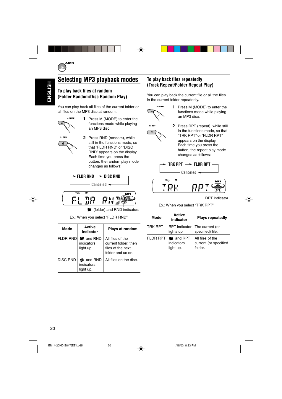 Selecting mp3 playback modes | JVC GET0137-001A User Manual | Page 20 / 34