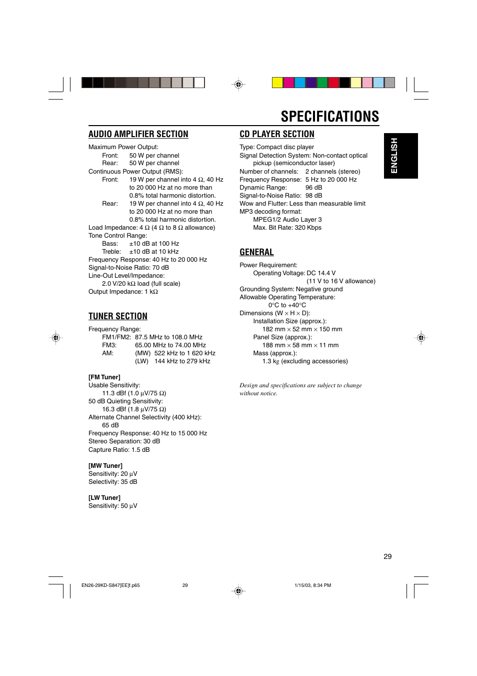 Specifications, General, English | JVC GET0137-001A User Manual | Page 29 / 34