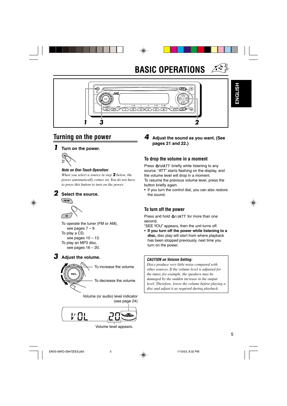 Basic operations, Turning on the power 1 | JVC GET0137-001A User Manual | Page 5 / 34