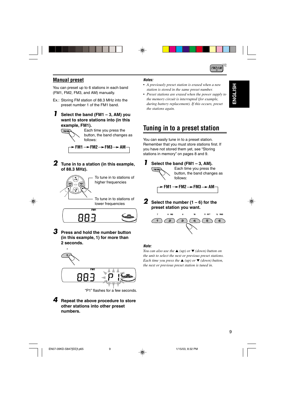 Tuning in to a preset station | JVC GET0137-001A User Manual | Page 9 / 34