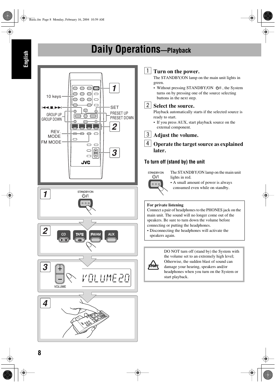 Daily operations —playback, Daily operations, Playback | JVC FS-P400 User Manual | Page 12 / 29