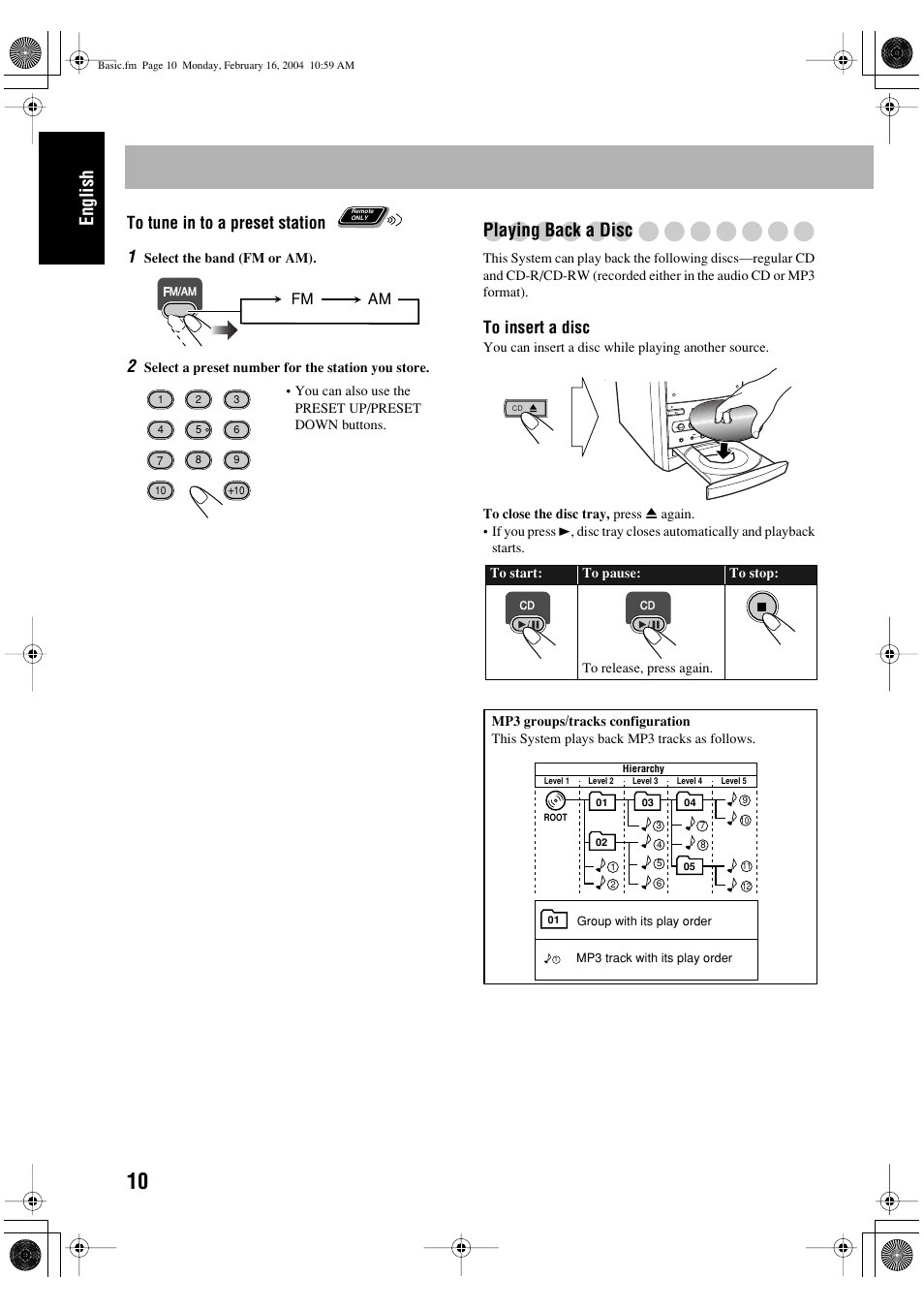 English, Playing back a disc | JVC FS-P400 User Manual | Page 14 / 29