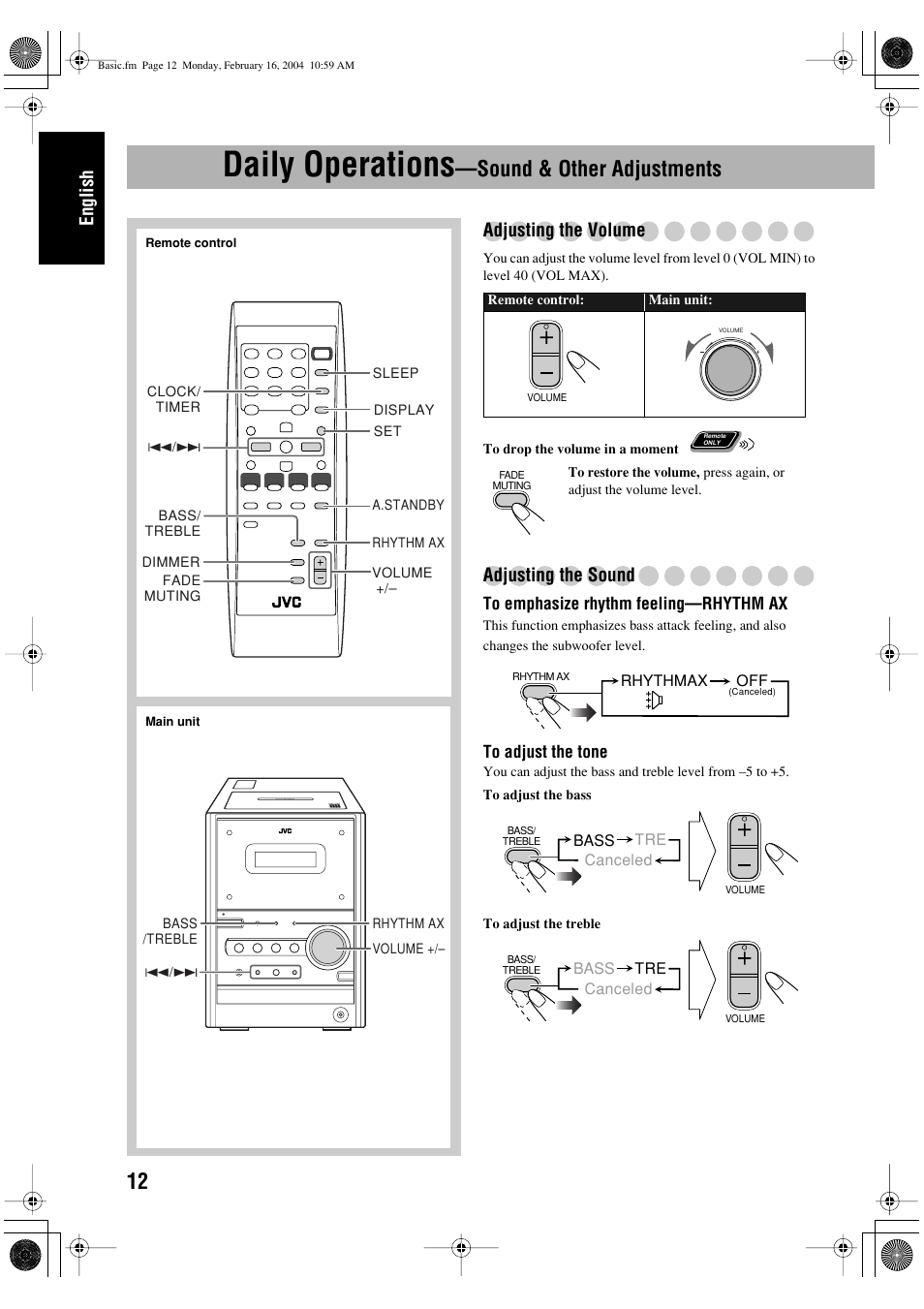 Daily operations —sound & other adjustments, Daily operations, Sound & other adjustments | English, Adjusting the volume, Adjusting the sound | JVC FS-P400 User Manual | Page 16 / 29