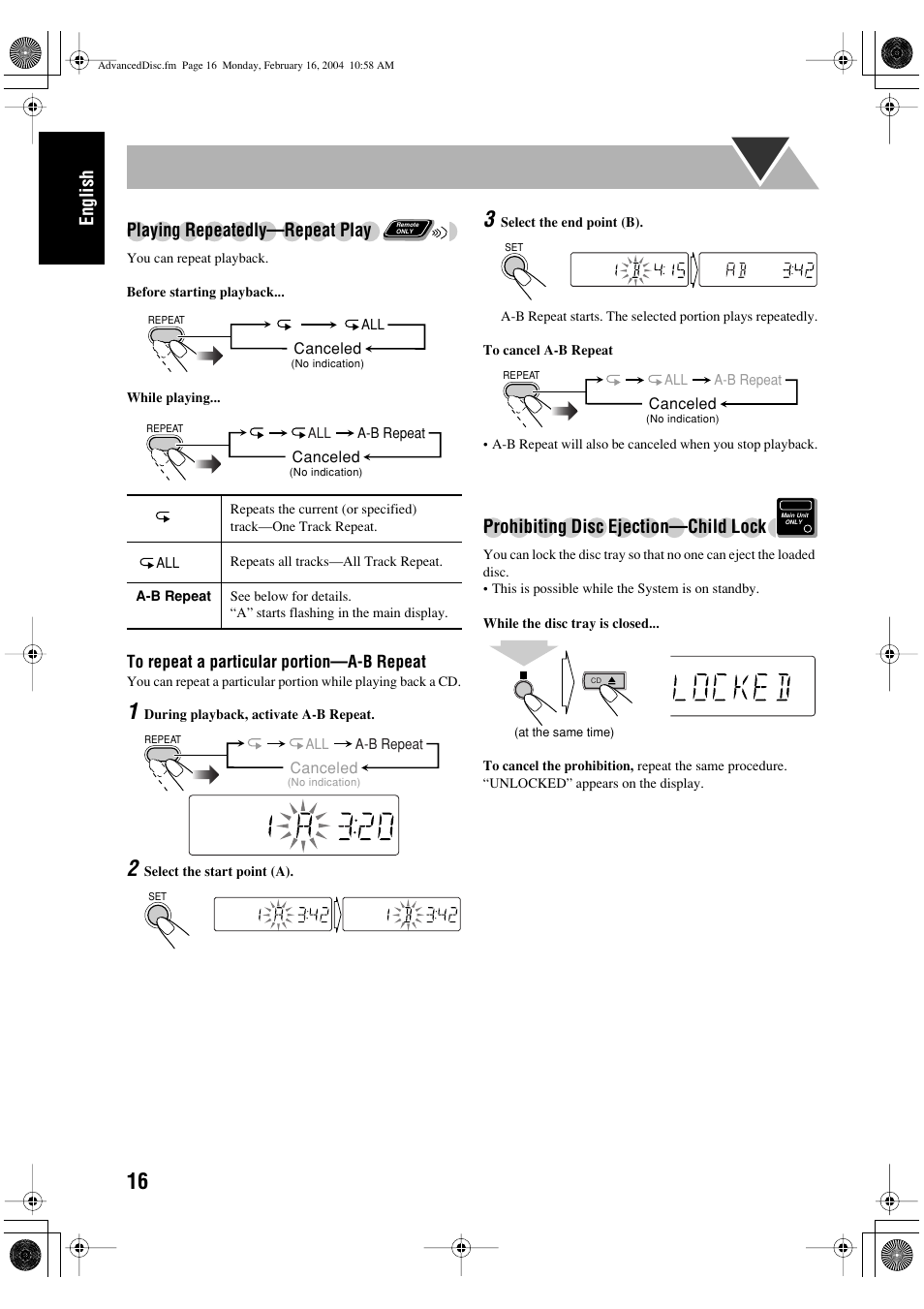 English, Playing repeatedly—repeat play, Prohibiting disc ejection—child lock | JVC FS-P400 User Manual | Page 20 / 29