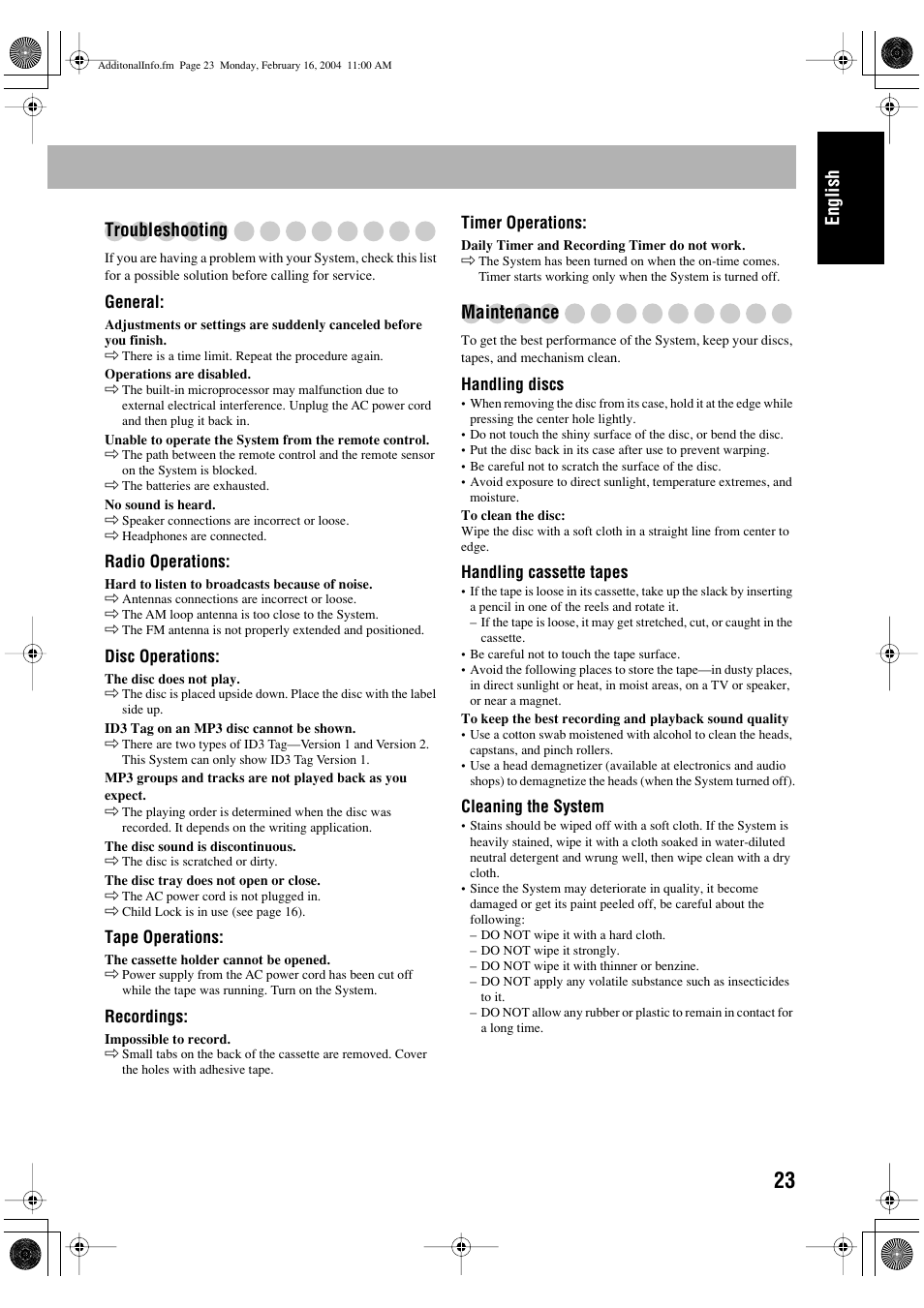 English troubleshooting, Maintenance | JVC FS-P400 User Manual | Page 27 / 29