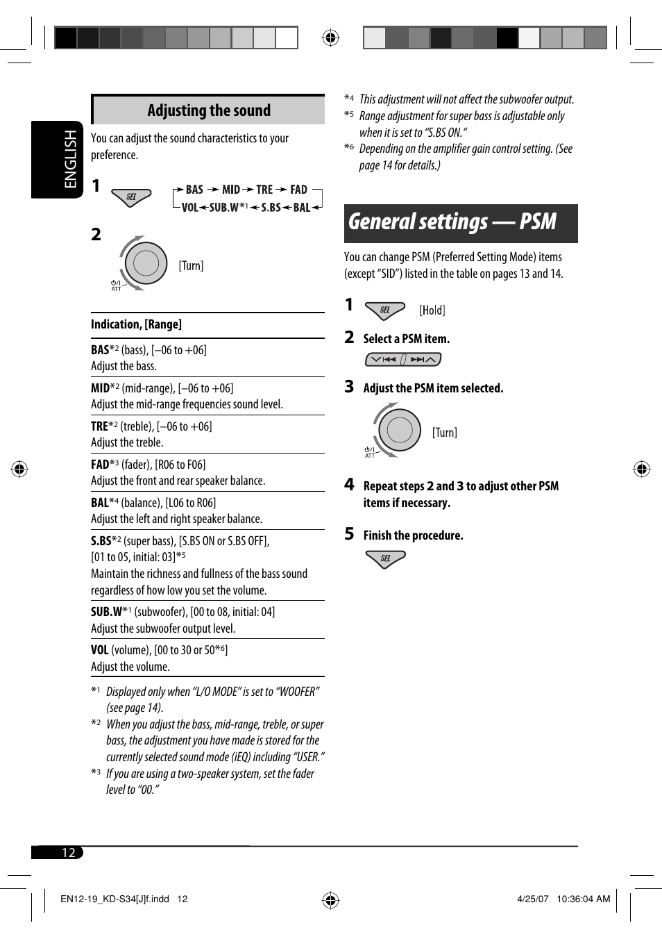 General settings — psm, Adjusting the sound, English | JVC KD-S34 User Manual | Page 12 / 54