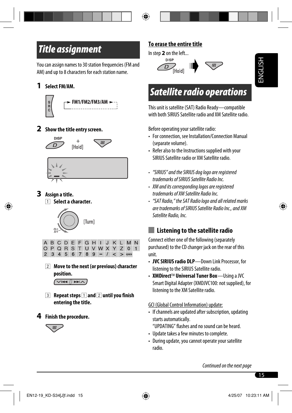 Satellite radio operations, Title assignment, English | Listening to the satellite radio | JVC KD-S34 User Manual | Page 15 / 54