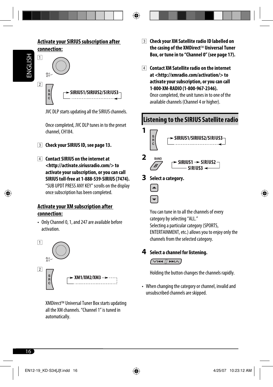 Listening to the sirius satellite radio, English | JVC KD-S34 User Manual | Page 16 / 54