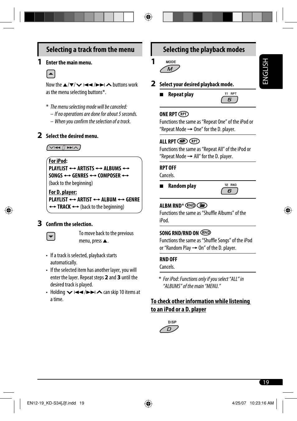 Selecting the playback modes, Selecting a track from the menu, English | JVC KD-S34 User Manual | Page 19 / 54