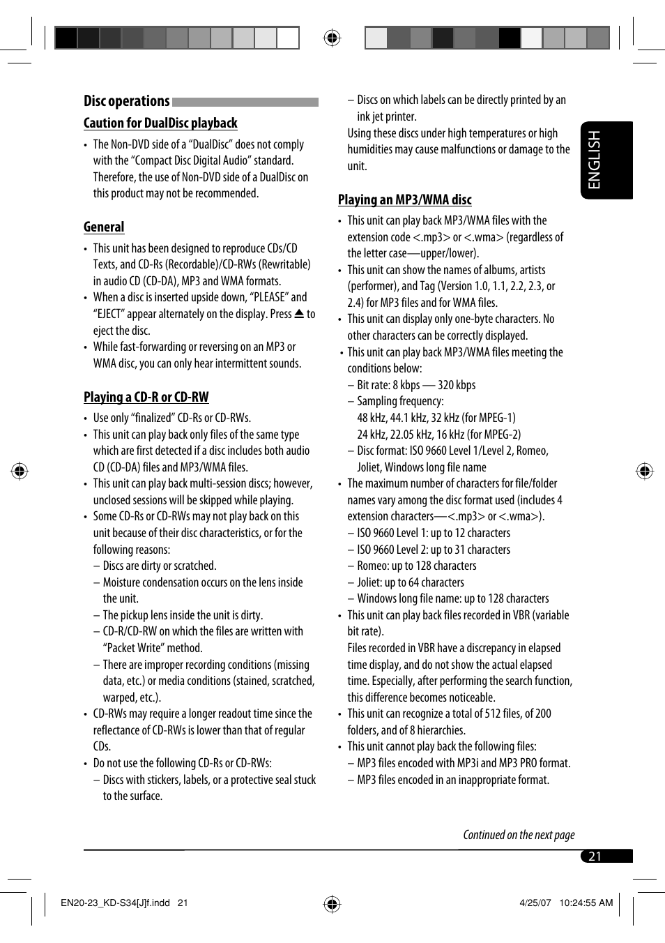 English, Disc operations | JVC KD-S34 User Manual | Page 21 / 54