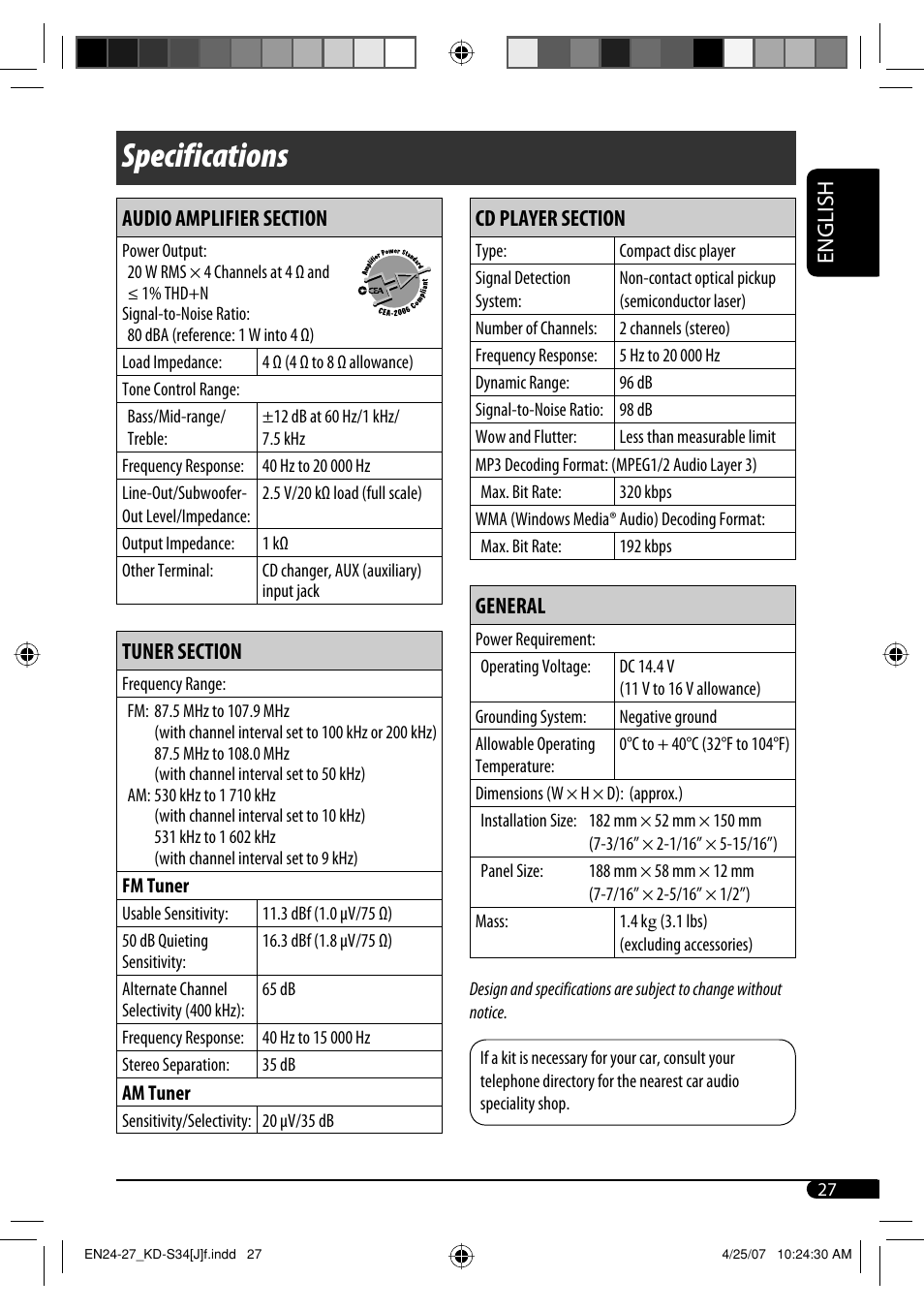 Specifications, English, General | JVC KD-S34 User Manual | Page 27 / 54