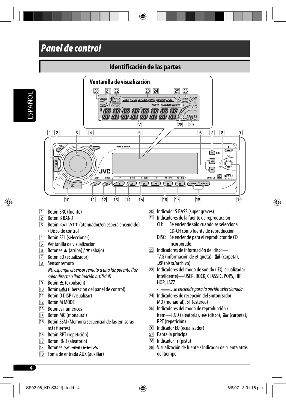 Panel de control, Identificación de las partes, Español | JVC KD-S34 User Manual | Page 30 / 54