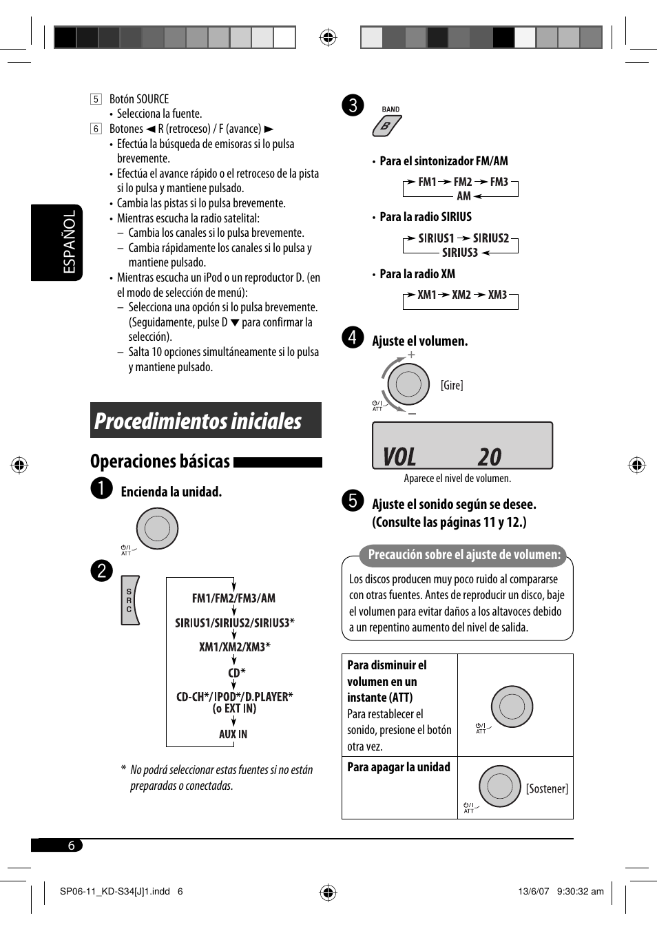 Procedimientos iniciales, Operaciones básicas | JVC KD-S34 User Manual | Page 32 / 54