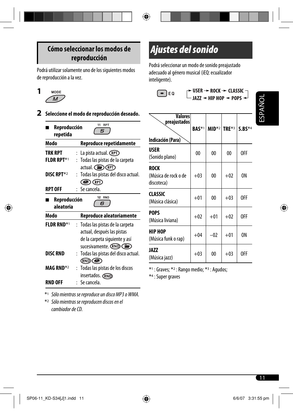 Ajustes del sonido, Cómo seleccionar los modos de reproducción, Español | JVC KD-S34 User Manual | Page 37 / 54