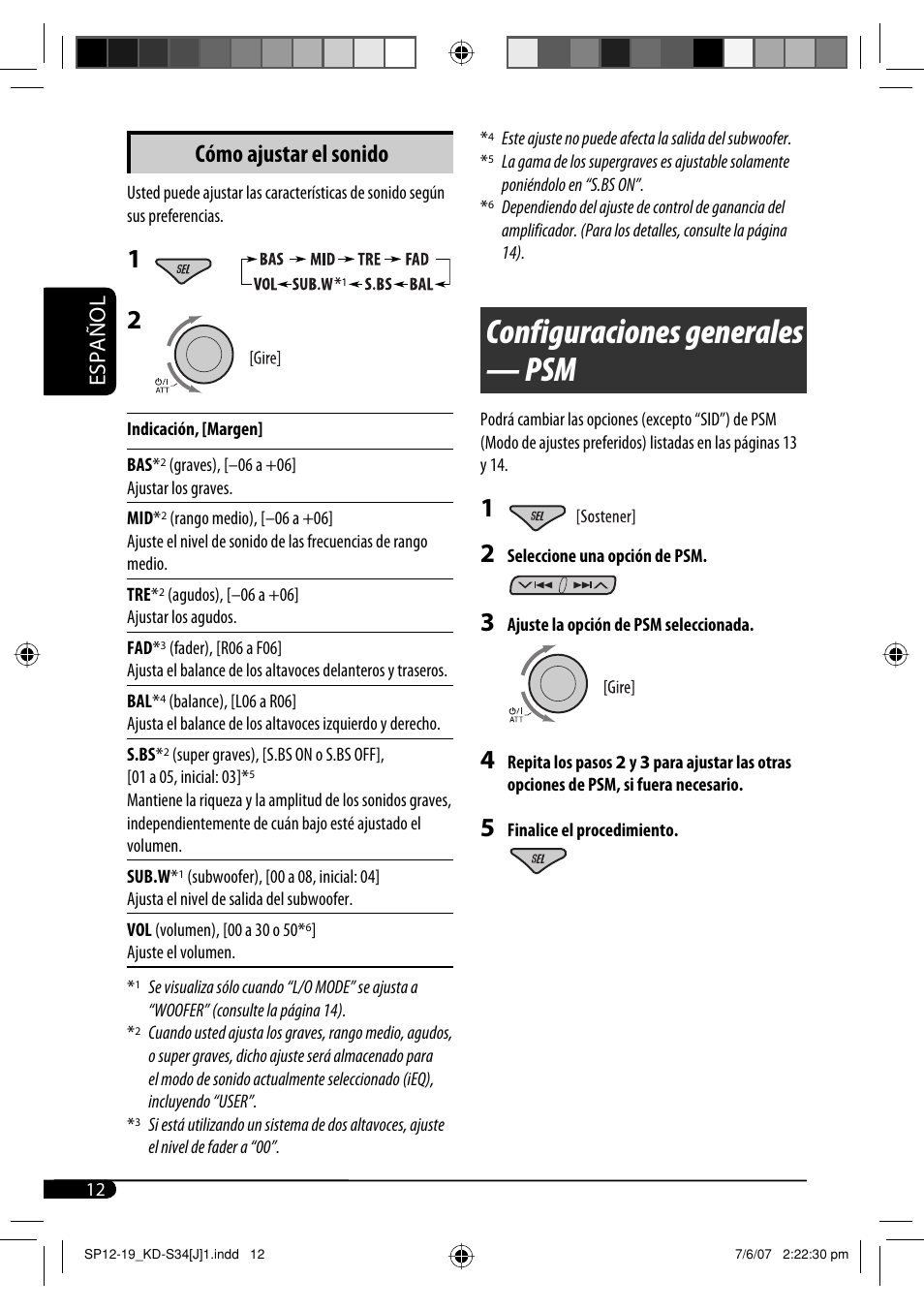 Configuraciones generales — psm, Cómo ajustar el sonido, Español | JVC KD-S34 User Manual | Page 38 / 54